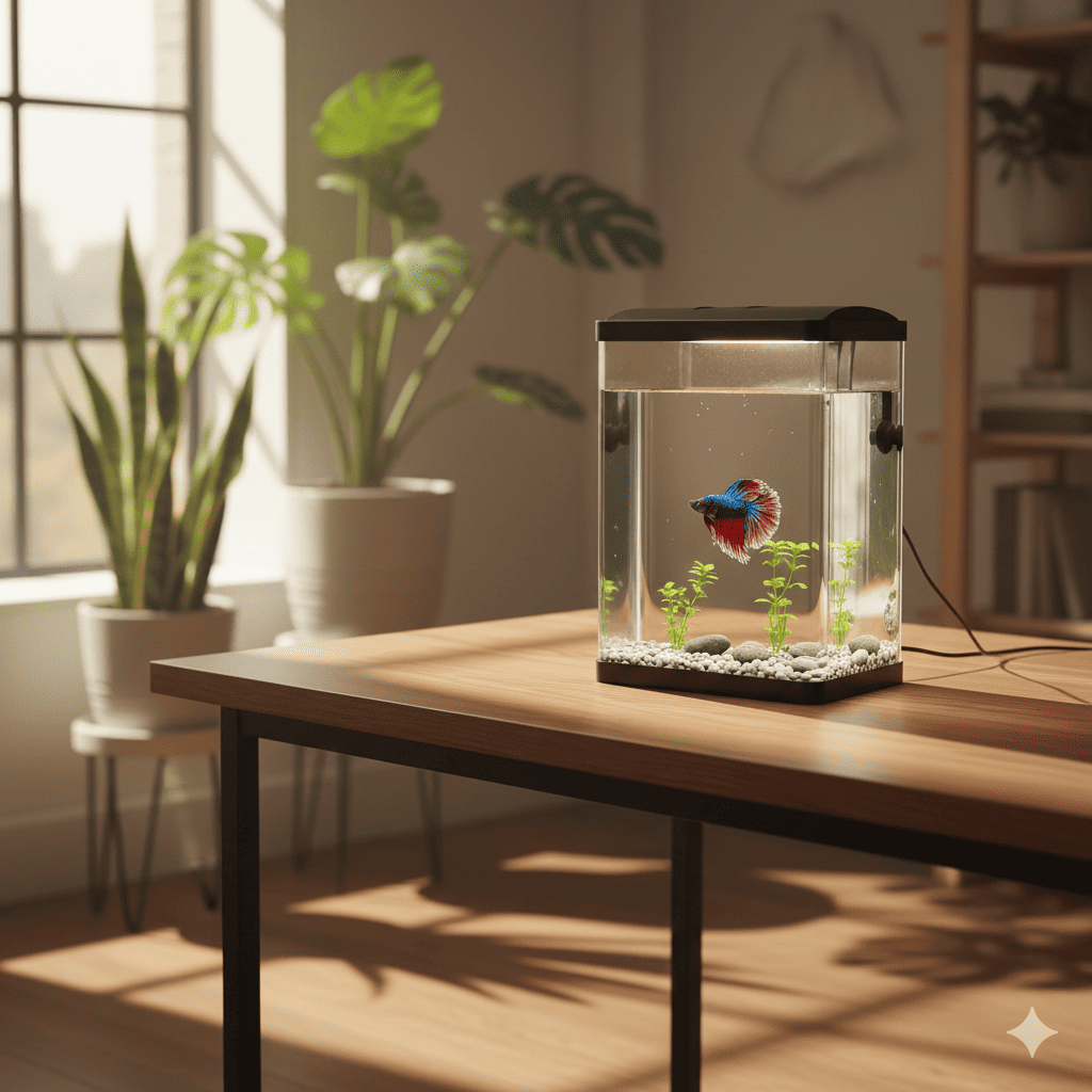 [REFERENCE IMAGE] Person in peaceful expression sitting at desk, focused on watching a small portrait aquarium with soft blue LED lighting and a betta fish visible inside, surrounded by plants and natural window light
