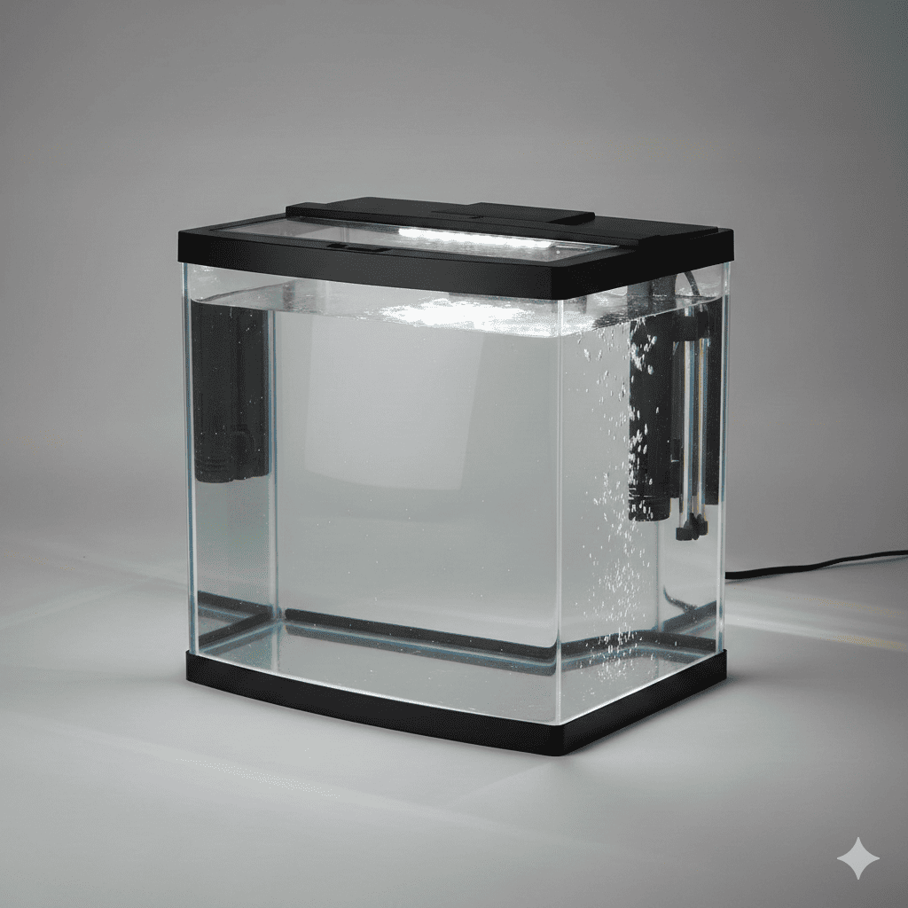 [REFERENCE IMAGE] Collage-style layout showing four different thriving home aquarium setups in various environments: office desk, bedroom shelf, living room table, and kitchen counter, each featuring healthy fish species and different aquascape styles