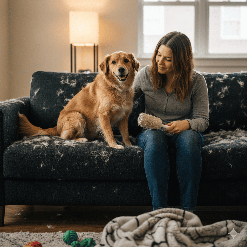 Frustrated pet owner sitting on black couch covered in dog hair with rescue dog beside them holding lint roller