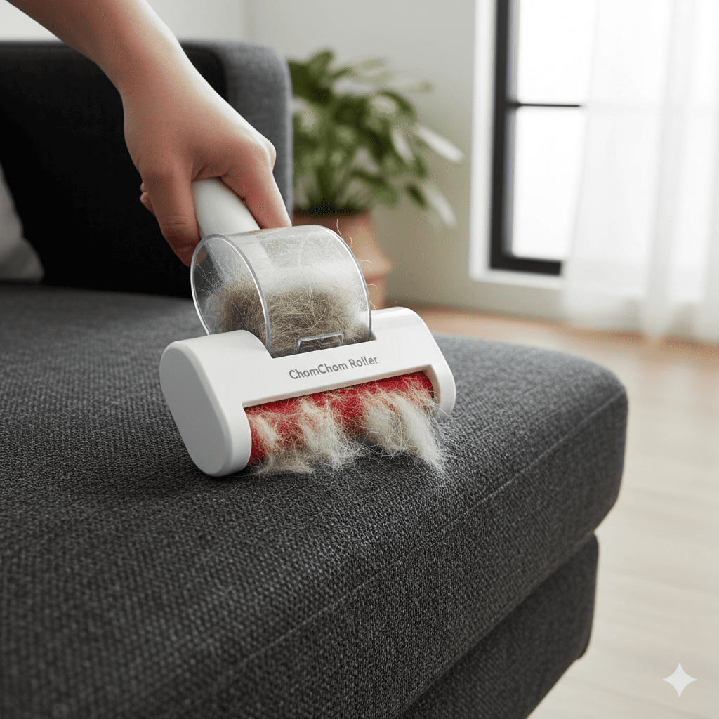 Hand using white ChomChom Roller pet hair remover on dark gray couch cushion collecting visible dog fur, reference image