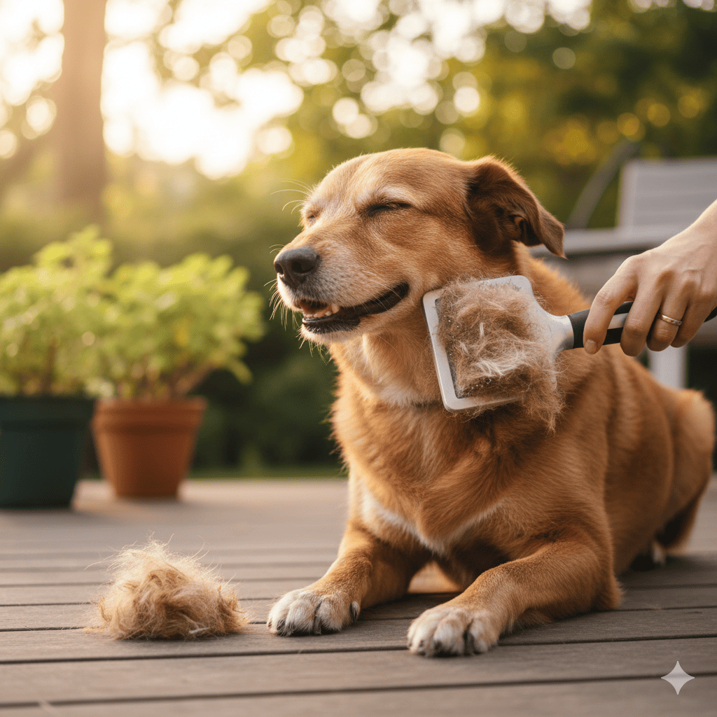 Person grooming brown rescue dog outdoors with metal bristle brush removing loose fur during shedding season, reference image
