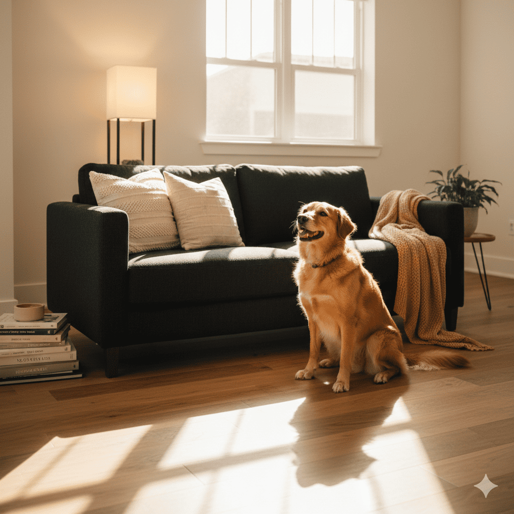 Clean hair-free black couch in bright living room with happy rescue dog sitting calmly on floor beside furniture