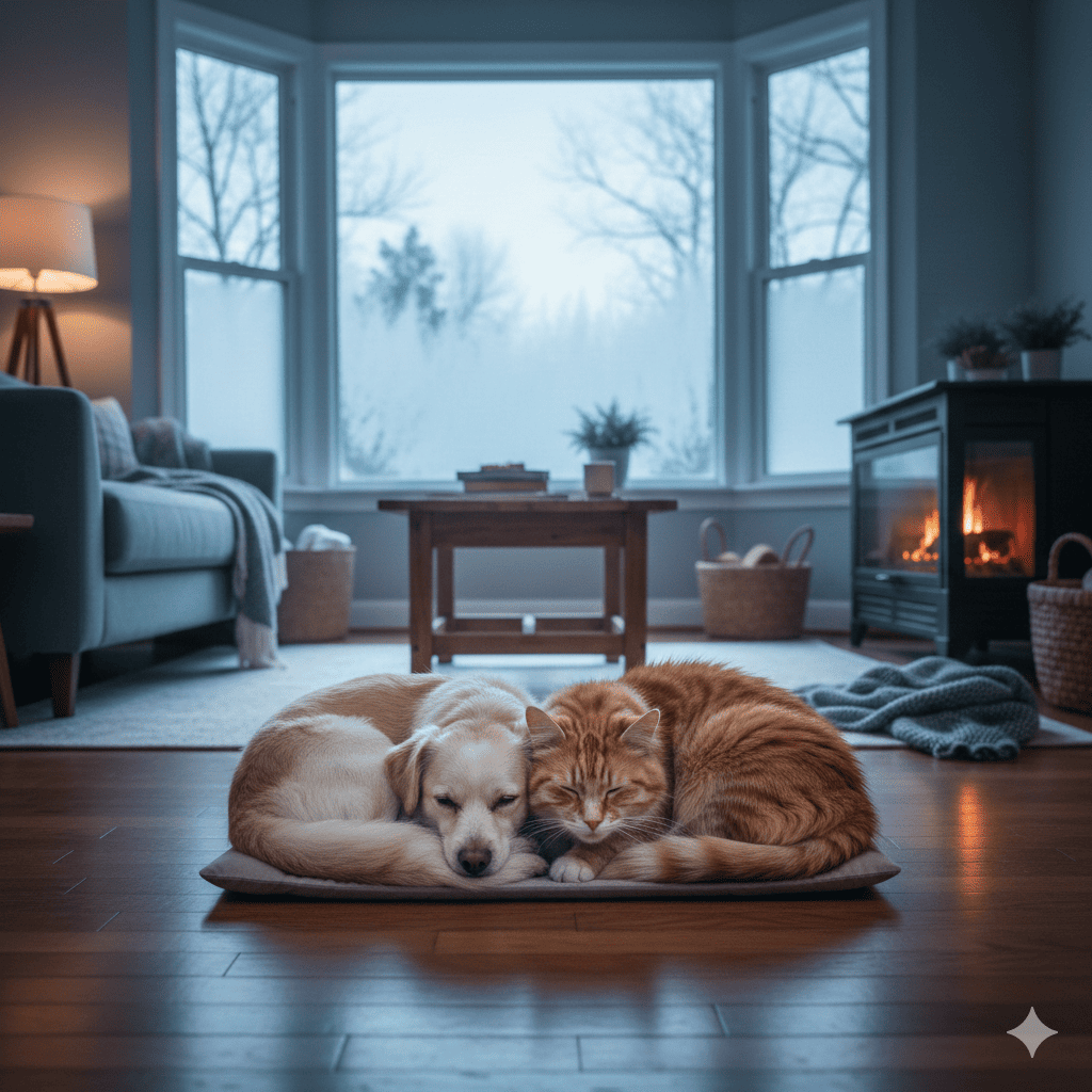 Indoor winter scene of a small dog and a cat curled up tightly together on a simple floor bed in a cozy living room with a frosty window in the background (reference pet bed setup)