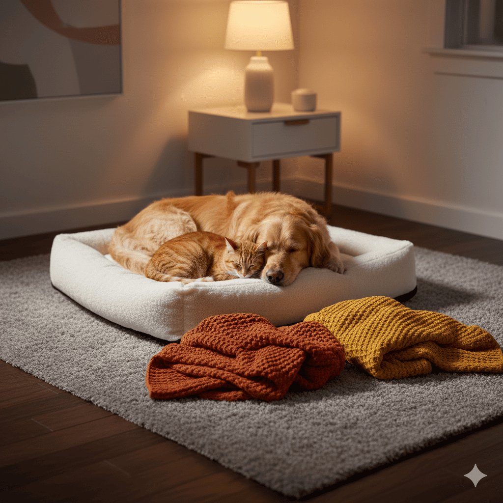 Cozy bedroom corner with a medium dog and a cat sharing a thick raised pet bed on a rug, surrounded by soft blankets and placed away from drafty windows (reference pet bed setup)
