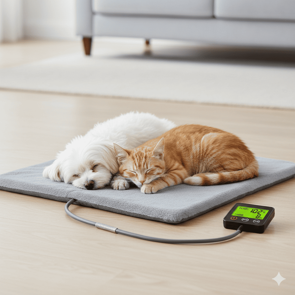 Close up of a small dog and a cat sleeping on a gray rectangular heated pet pad with a plush cover and visible LED controller in a modern living room (reference heated pet bed inspired by INVENHO)