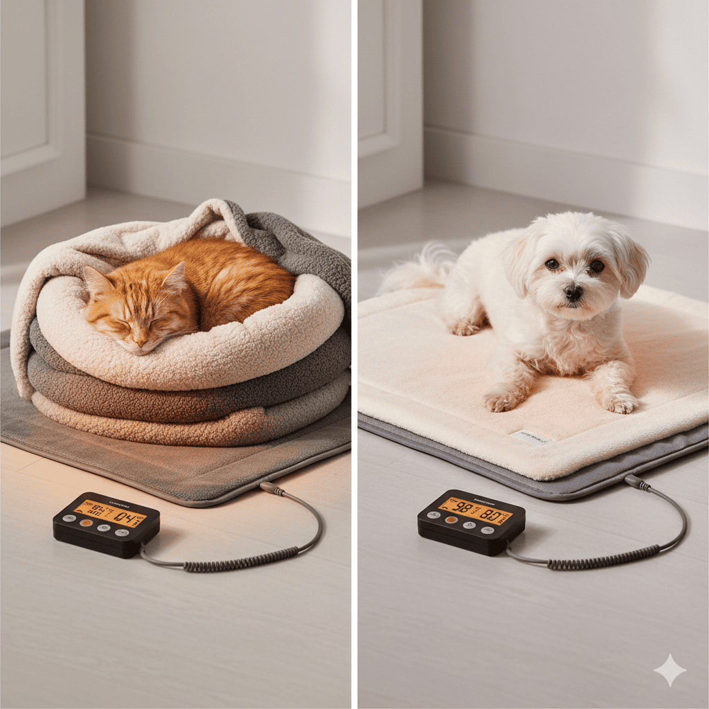 Split scene showing a cat curled in a tight ball on one half of a heated pad and a small dog stretched out on a larger heated pad with part of its body off the warm area (reference heated pet beds)