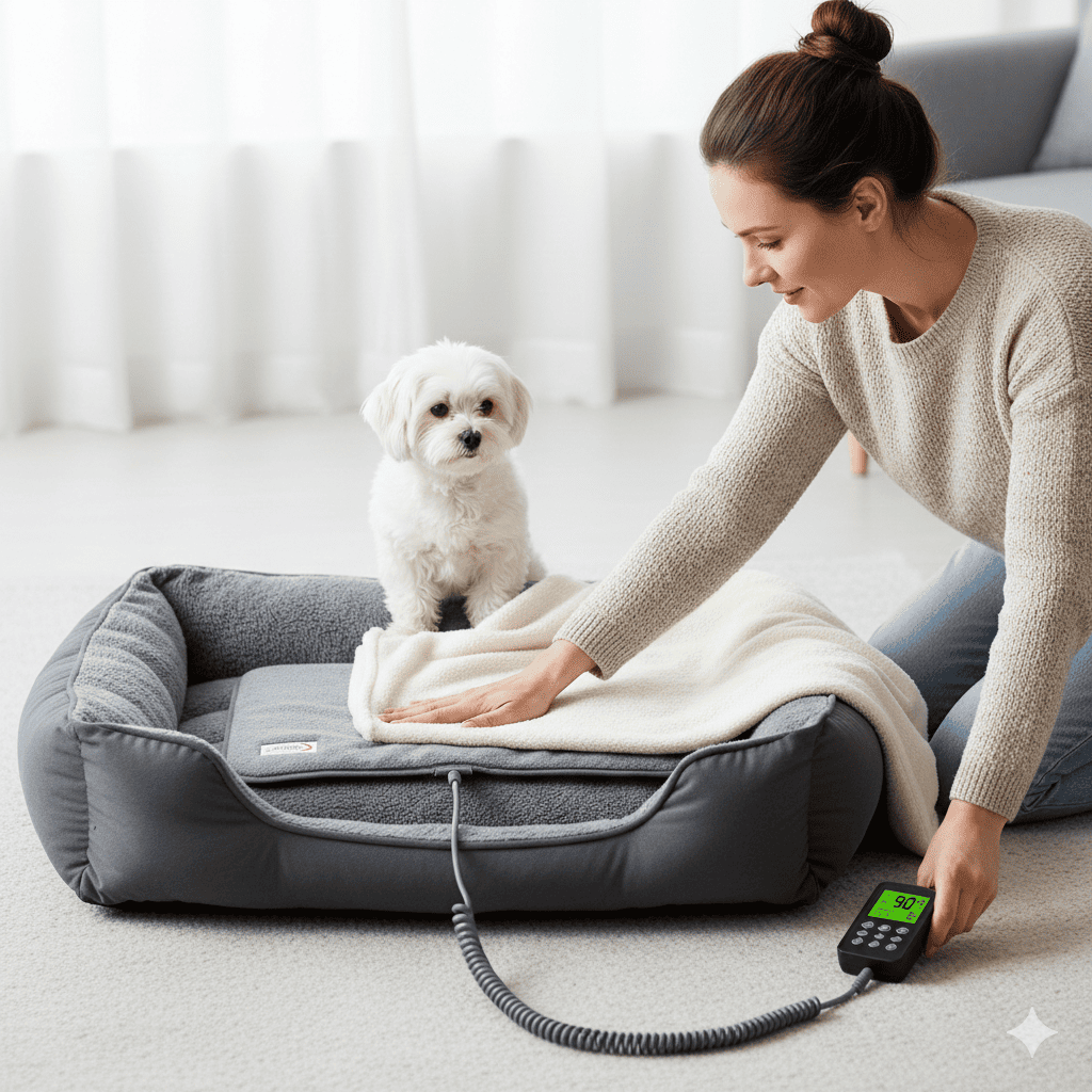 Pet owner kneeling beside a rectangular heated pet pad placed flat on a dog bed, adding a thin blanket on top while a small dog watches, with a low temperature shown on the LED controller (reference heated pet bed safety setup)
