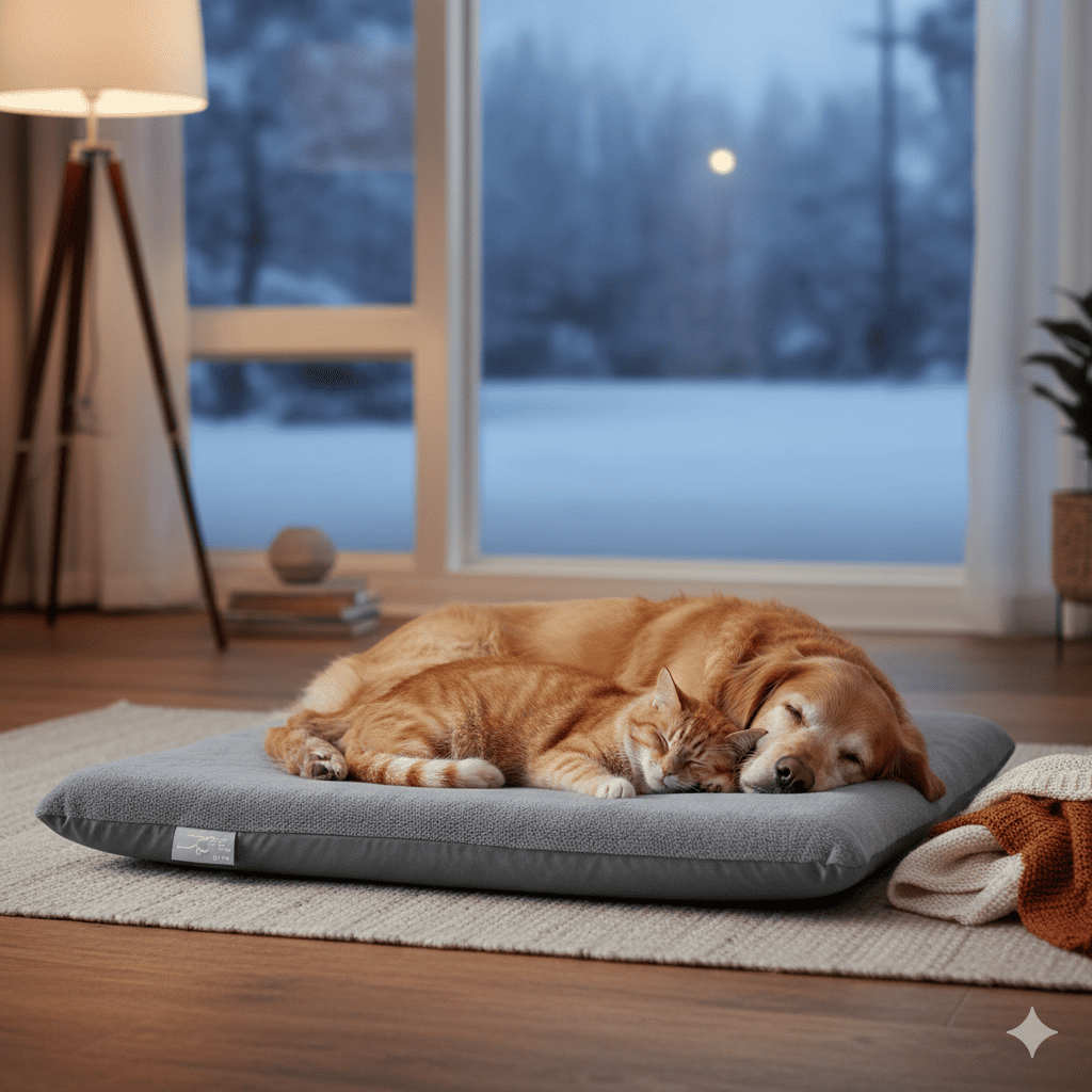 Senior dog and older cat sleeping peacefully together on a large gray heated pet pad with a plush cover in a warm living room, with a snowy winter scene visible outside the window (reference heated pet bed inspired by INVENHO)