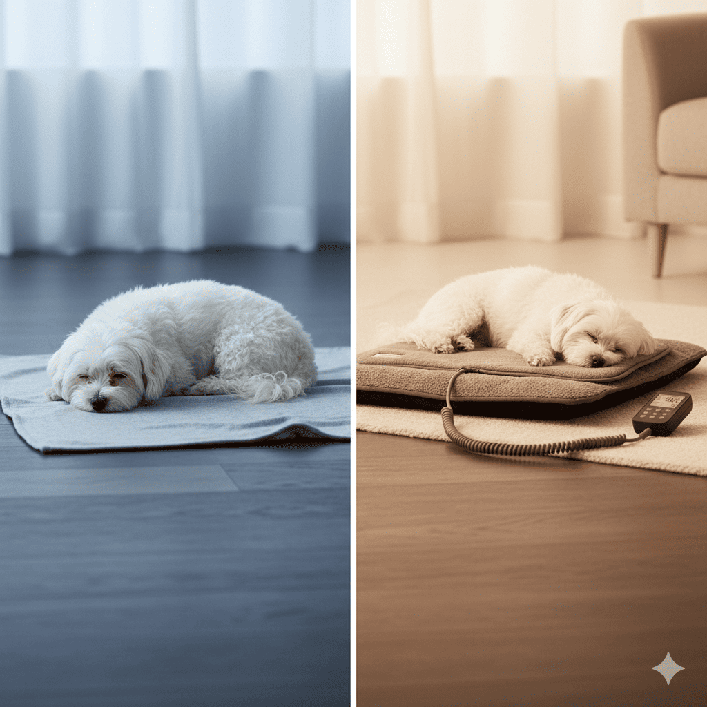 Before and after concept showing on the left a small dog lying on a thin blanket on a cold hard floor, and on the right the same dog sleeping comfortably on a gray heated pet pad with a controller and rug underneath (reference heated pet bed upgrade)