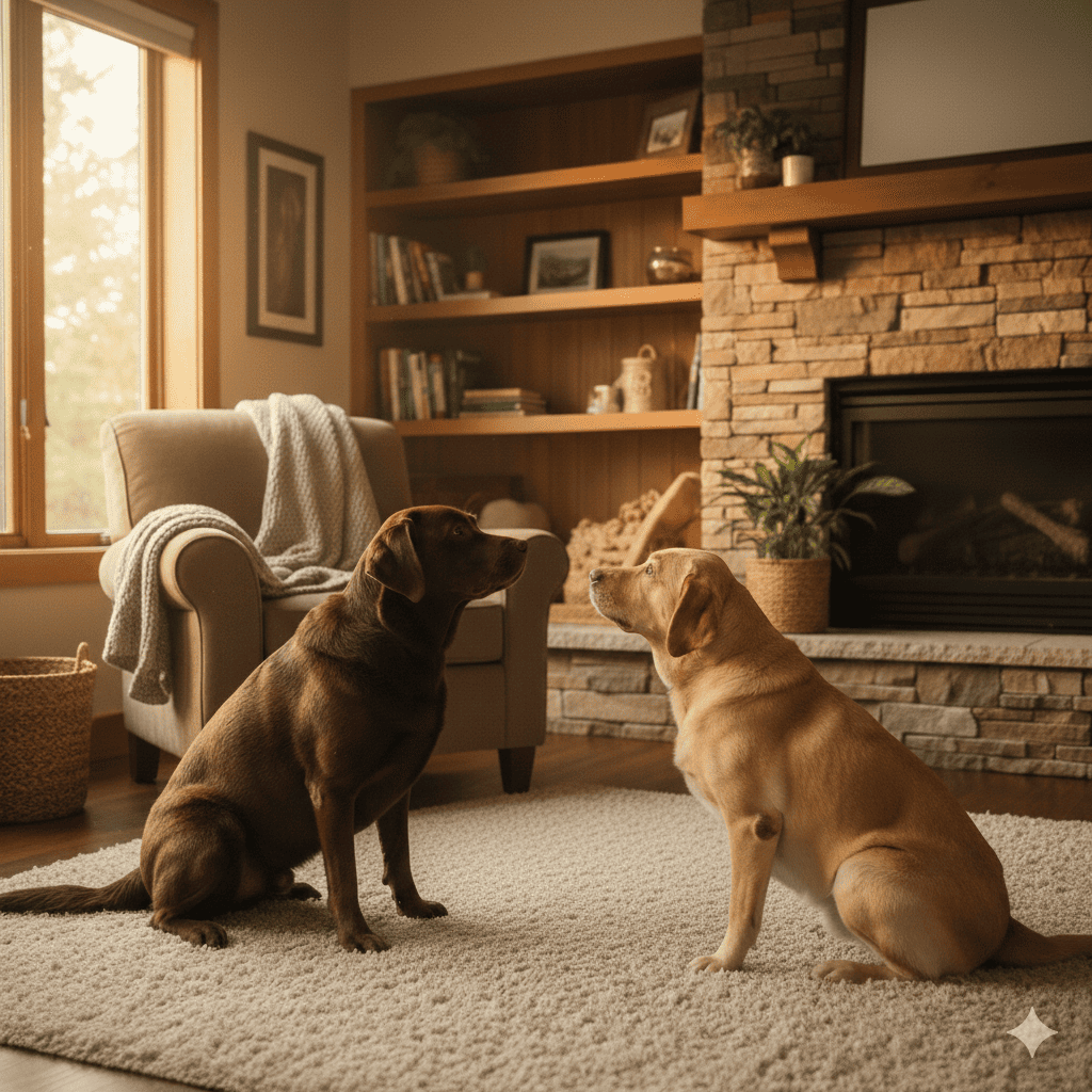 Two Labrador rescue dogs sitting peacefully together in warm sunlit living room conveying comfort love companionship, reference image