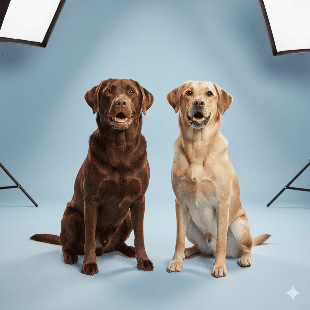 Two happy dogs sitting patiently in professional photography studio with blue backdrop waiting excited calm, reference image