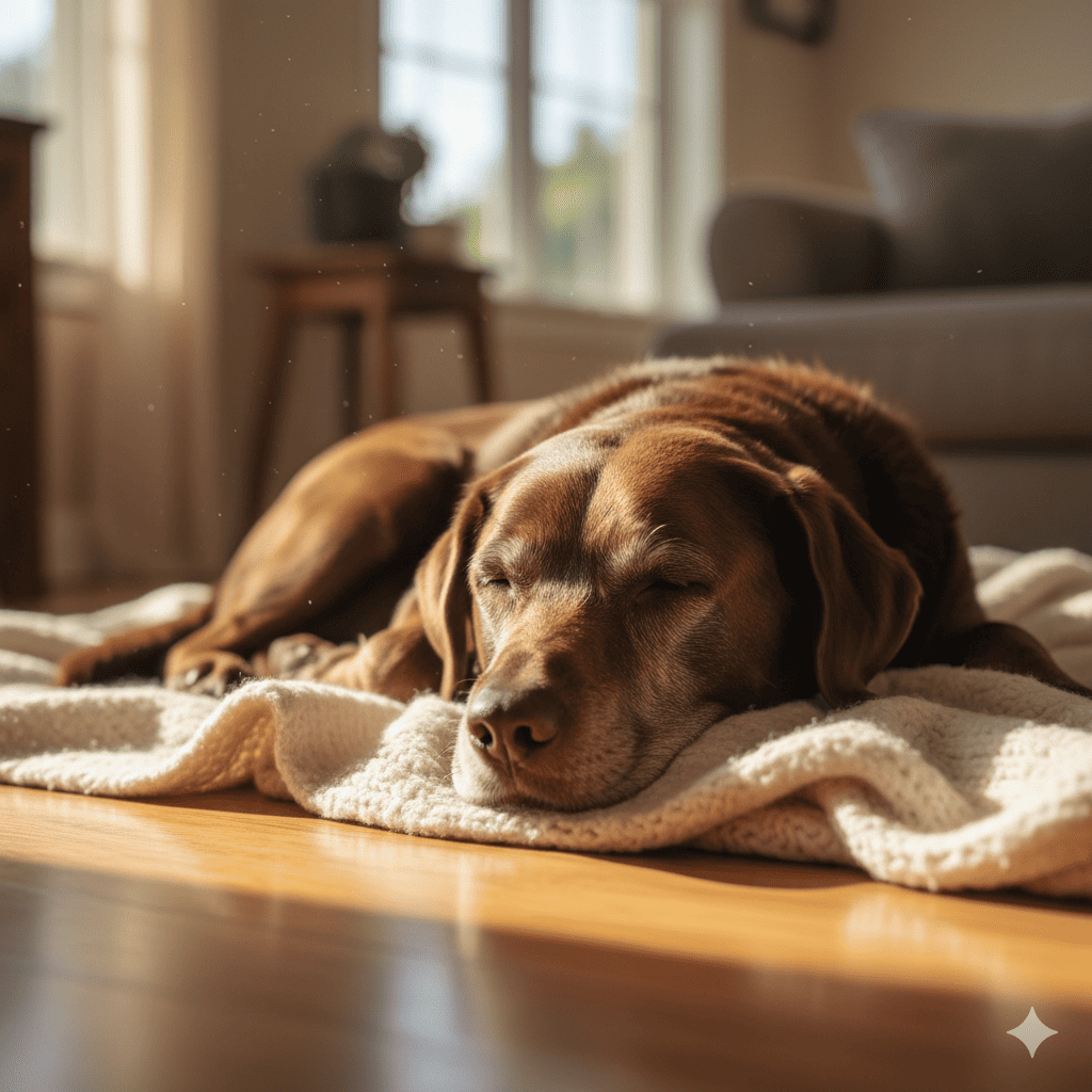 Elderly chocolate Labrador dog resting peacefully on soft blanket in golden sunlight serene calm dignified, reference image