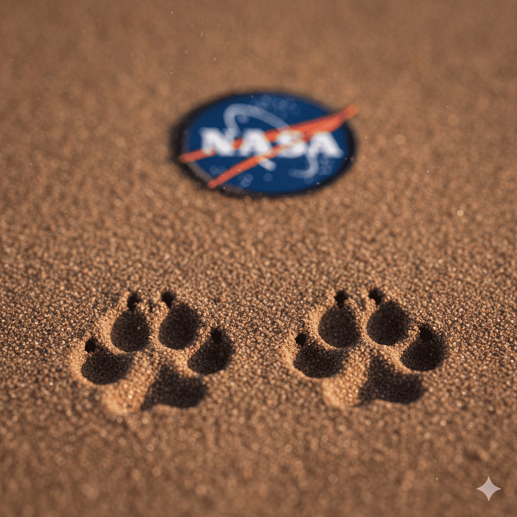 Two dog paw prints side by side in soft dirt symbolic touching with blurred NASA orange fabric background, reference image