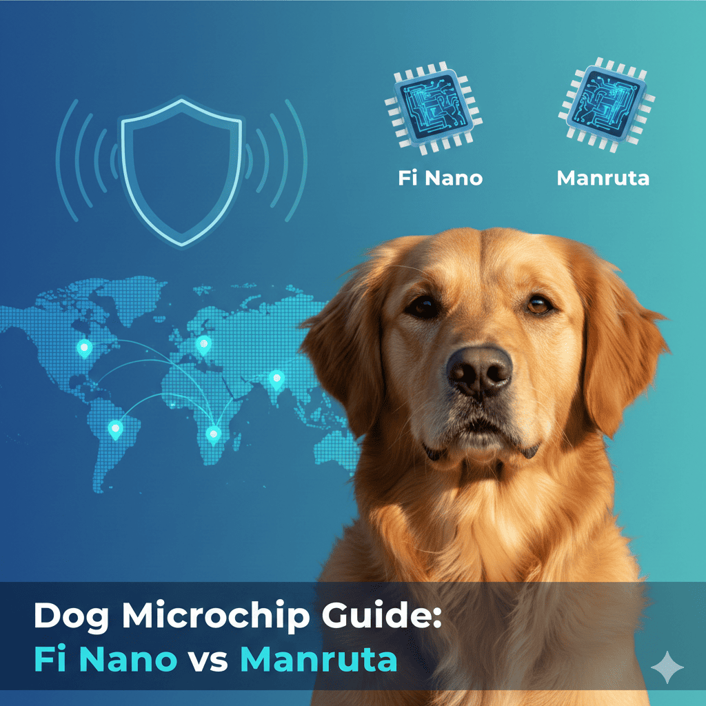 Hero image of a dog with a microchip safety theme comparing Fi Nano vs Manruta.