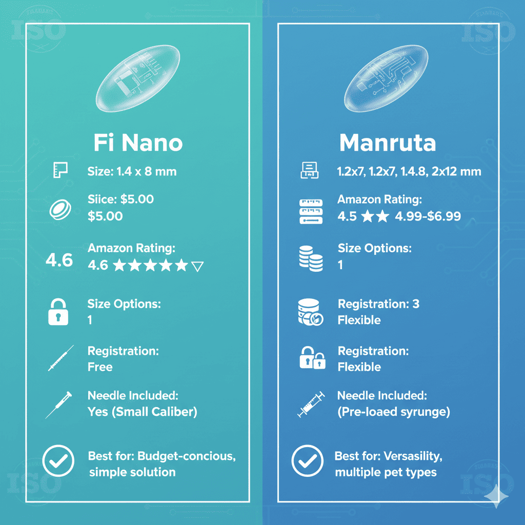 Infographic comparing Fi Nano vs Manruta microchips with key features like size, price, and registration.