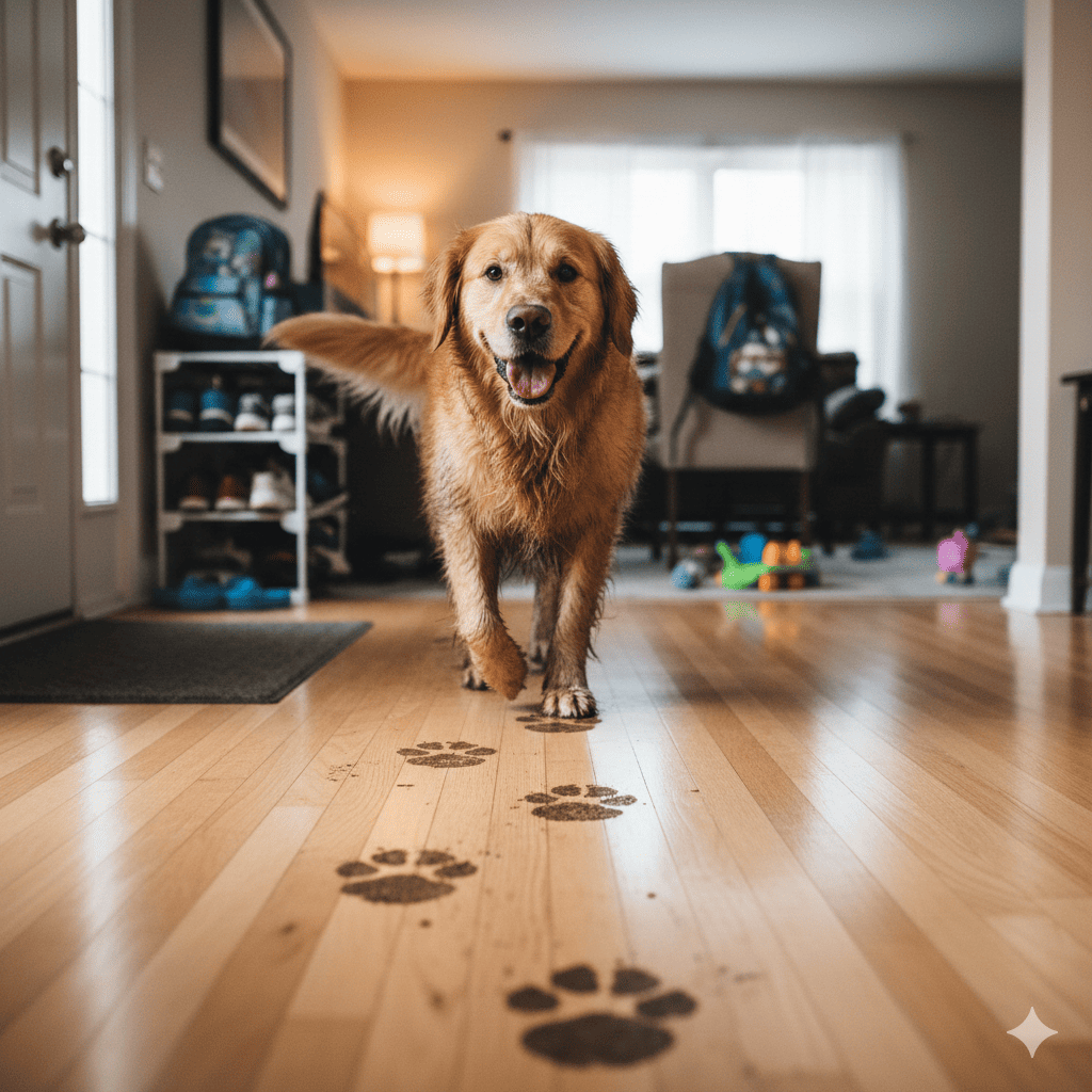 Happy muddy golden retriever walking through a home entryway leaving wet brown paw prints on light hardwood floors showing the common problem dog owners face after outdoor walks in rainy or muddy conditions