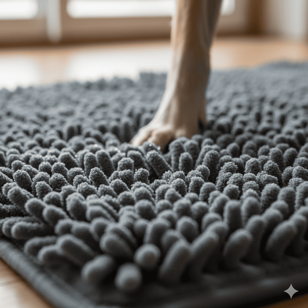 Close-up of a wet dog paw pressed into a thick grey chenille microfiber doormat showing the deep pile fibers absorbing moisture on contact at a home entryway — reference image of a super absorbent chenille mat similar to the Muddy Mat