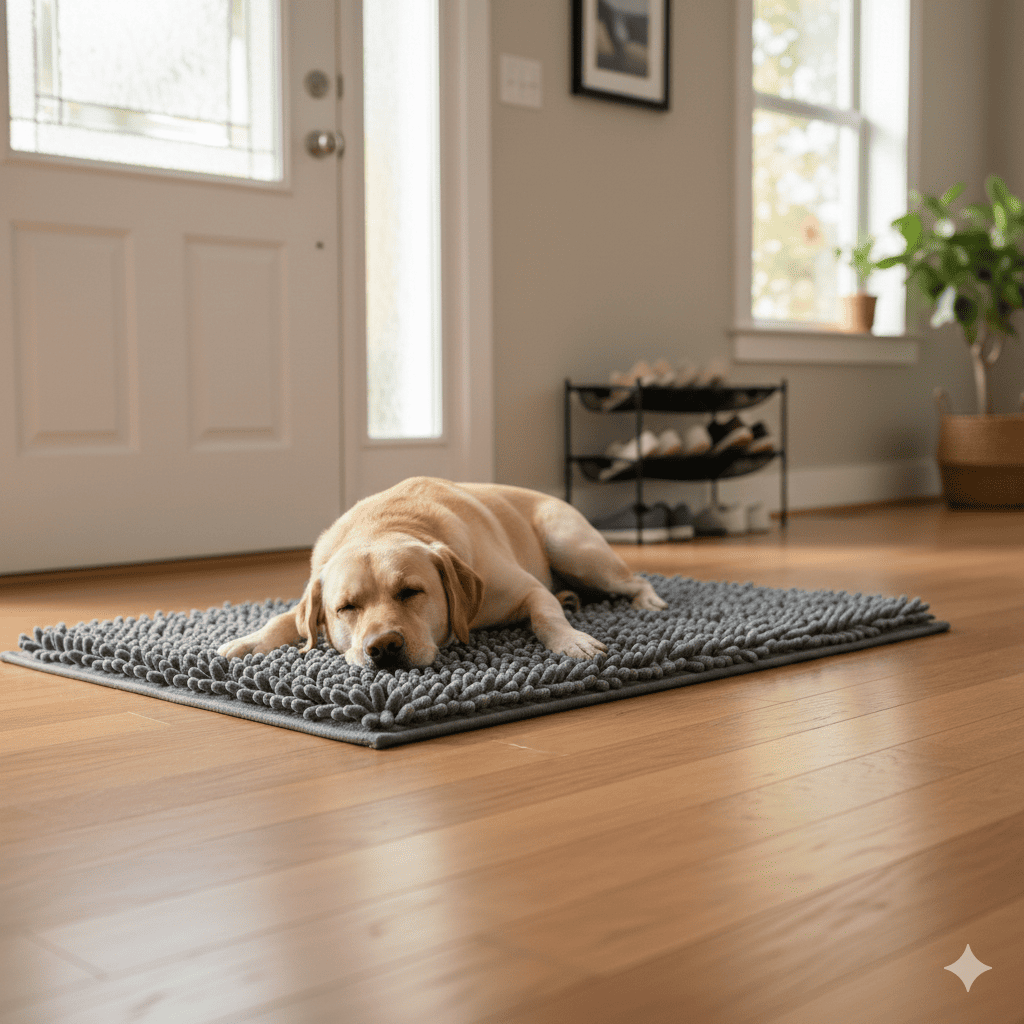 Calm Labrador resting on a thick grey chenille doormat in a clean home entryway with spotless hardwood floors — reference image of a chenille mat similar to the Muddy Mat in real home use