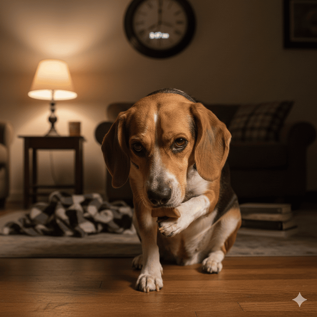 Tired dog licking irritated red paw at 3 AM due to seasonal allergies and chronic itching