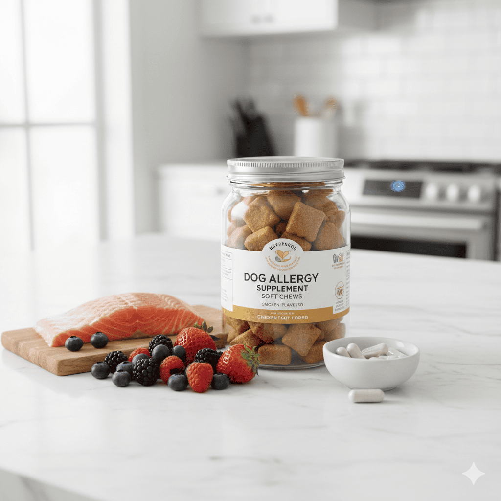 Dog allergy supplement soft chews with omega-3 fish oil salmon quercetin berries and probiotic ingredients displayed on marble countertop