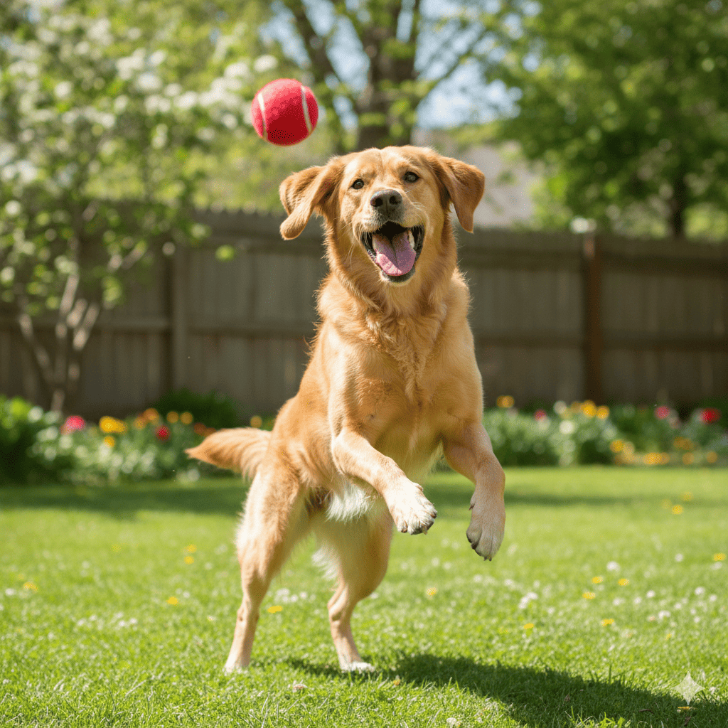 Happy healthy golden retriever dog playing energetically in sunny backyard with shiny coat after allergy relief treatment