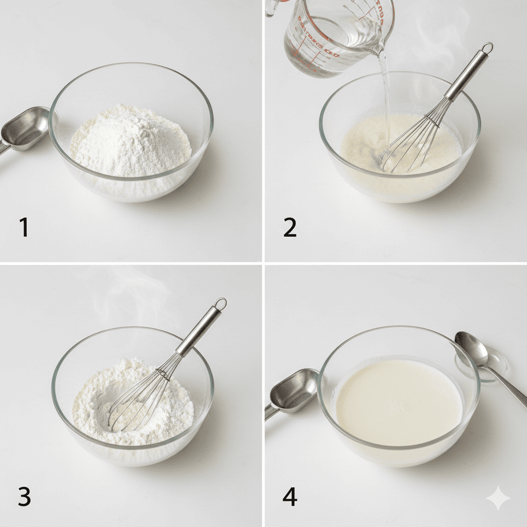 Step-by-step PetLac mixing process: powder, water, whisking, and final smooth liquid