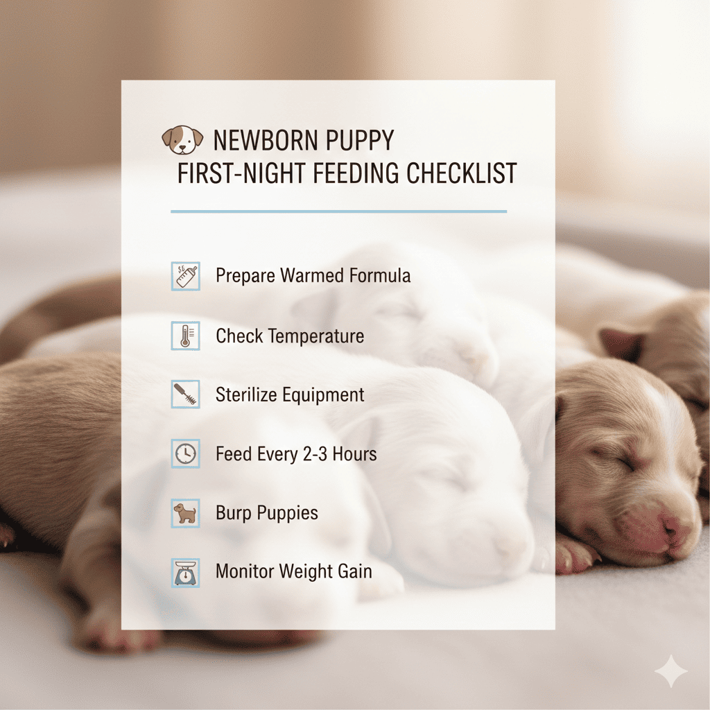 Organized first-night checklist with soft focus newborn puppies in background