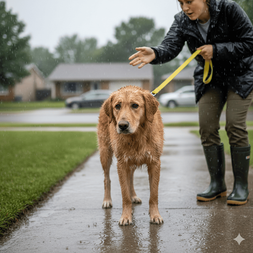 Sad wet dog standing in rain without protection, shivering with soaked fur and muddy paws while owner tries to encourage walking in suburban neighborhood