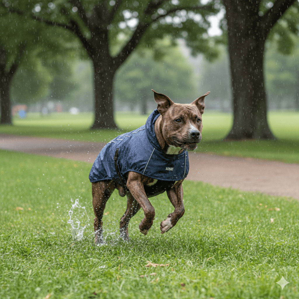 Active pit bull terrier running and playing energetically in rain while wearing durable HDE raincoat that stays secure during movement with water splashing around