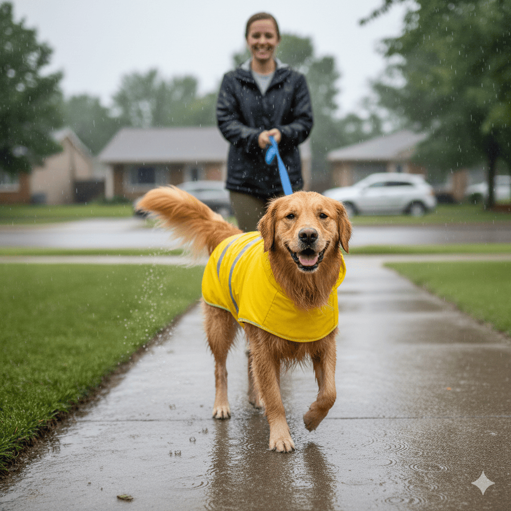 Happy golden retriever wearing bright yellow HDE dog raincoat walking confidently in light rain with water beading off coat and reflective strips visible