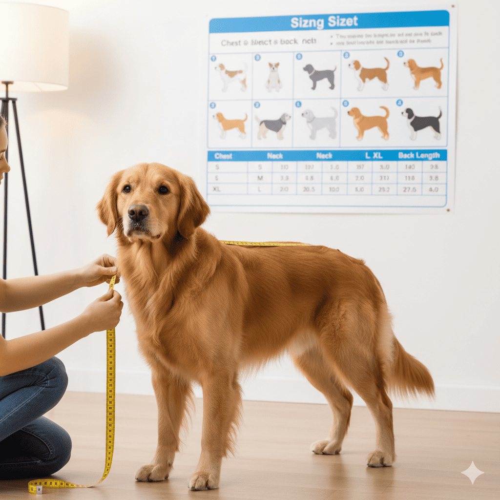 Dog owner measuring medium-sized dog with tape measure from neck base to tail base for accurate raincoat sizing with sizing chart visible in background