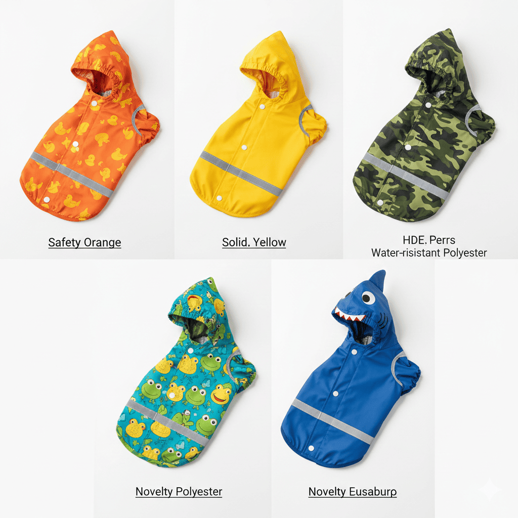 Collection display of HDE dog raincoat available designs including safety orange, yellow, green camo, duck pattern, frog pattern, and shark pattern laid out in organized grid