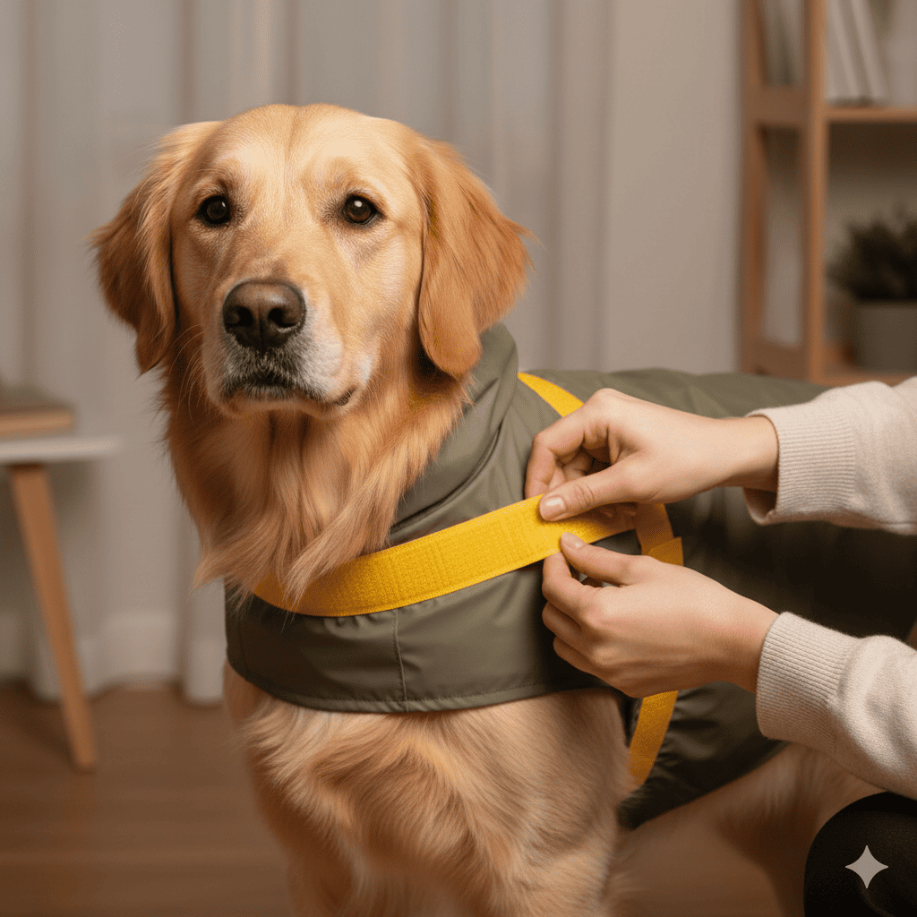 Owner's hands easily securing velcro closure on dog raincoat showing simple two-point attachment system with cooperative dog standing still