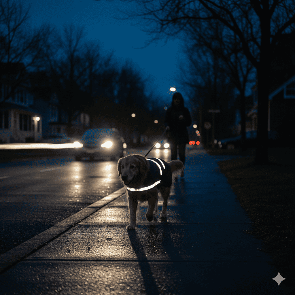 Dog wearing HDE raincoat at night with reflective strips glowing brightly from car headlights illumination during evening walk in urban neighborhood