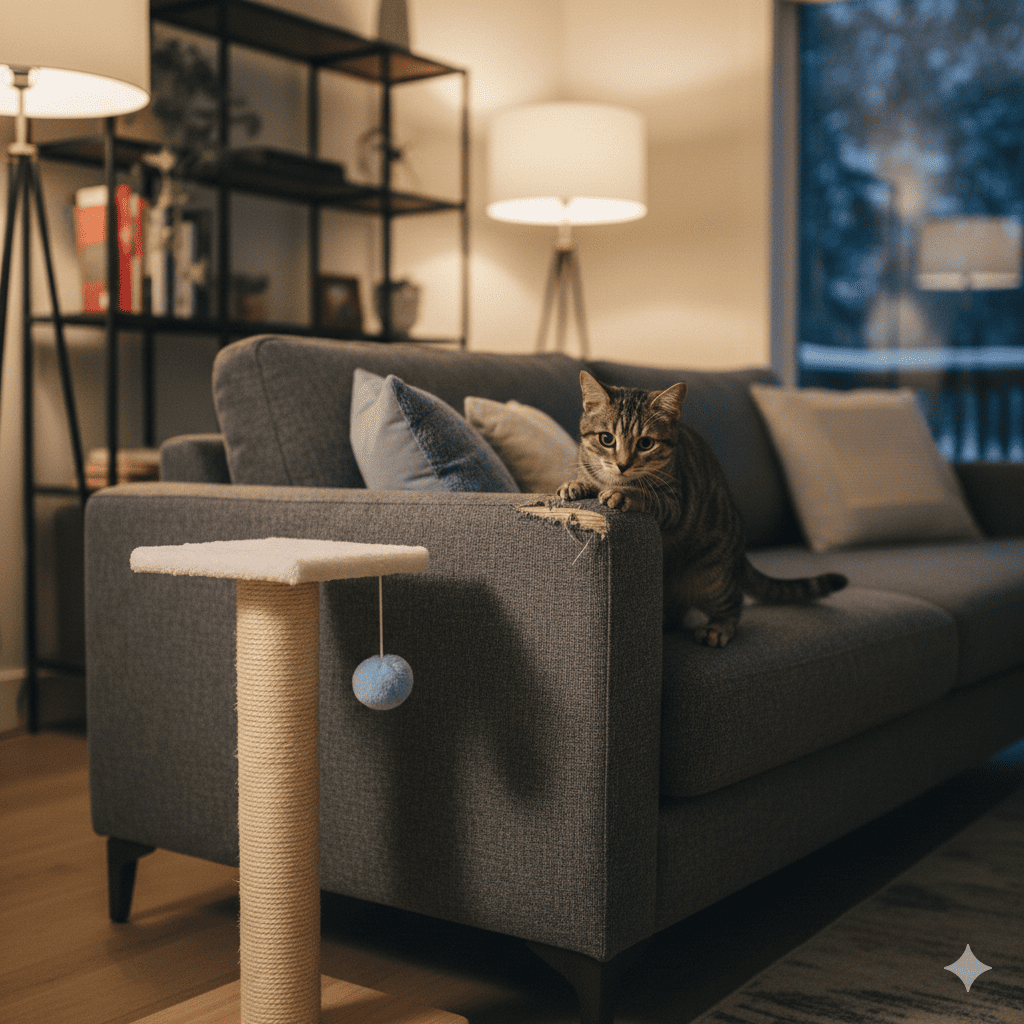 Gray tabby cat scratching the corner of a fabric sofa with visible claw damage, while a MECOOL sisal scratching post with square base and hanging plush ball sits unused nearby
