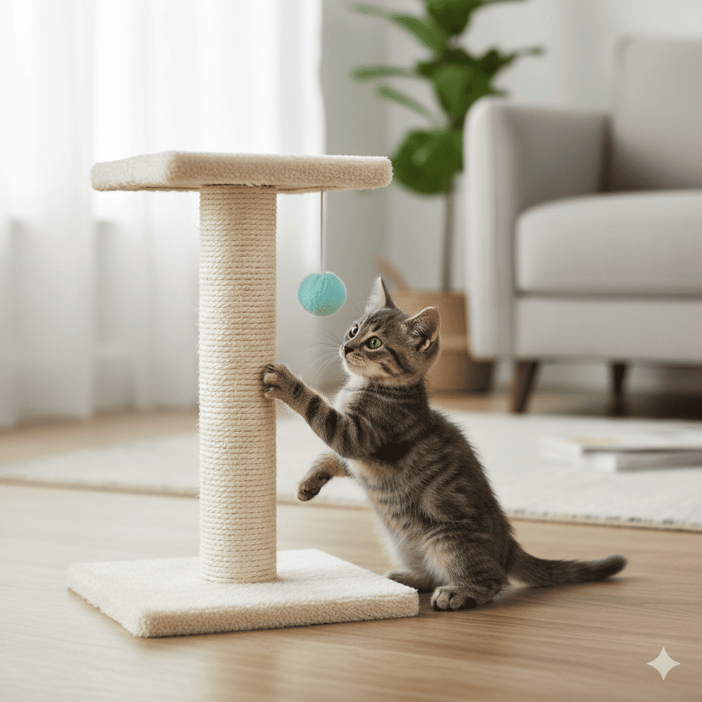 Kitten-sized gray tabby cat sniffing and touching the hanging plush ball of a compact 22-inch sisal scratching post placed beside a sofa in a small apartment (Reference product image)