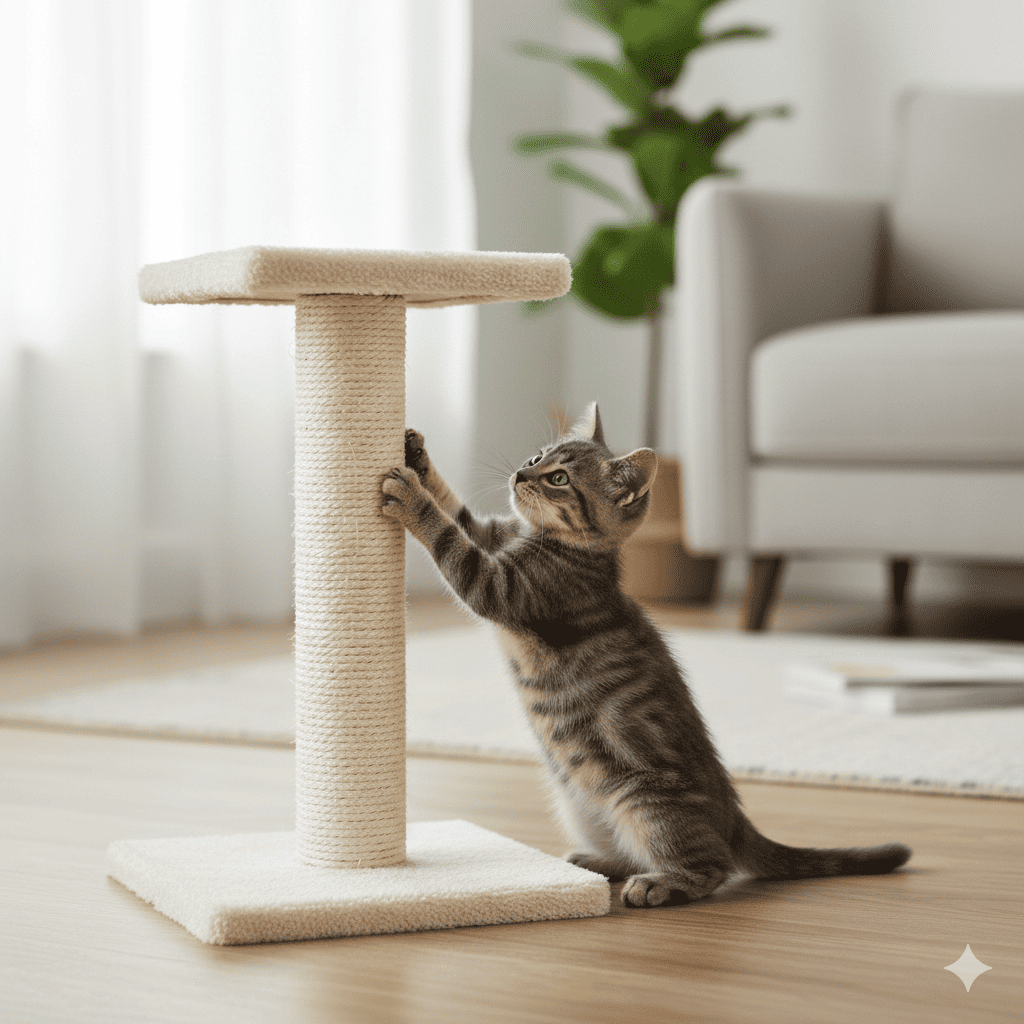 Top-down view of living room corner showing MECOOL scratching post placed directly beside sofa corner, with gray tabby cat walking toward the post from nearby window area