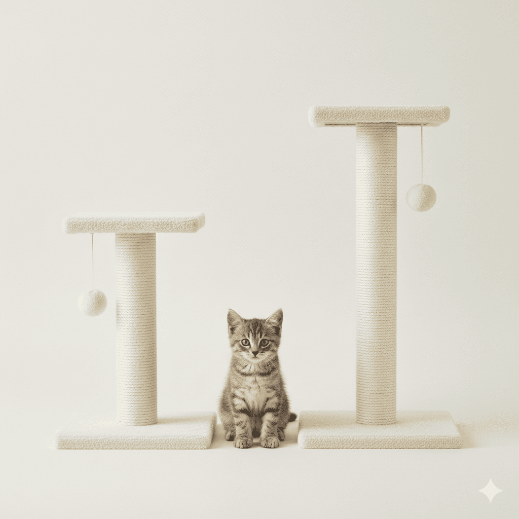 Side-by-side comparison showing MECOOL 22-inch scratching post on left and 34-inch version on right, with gray tabby cat positioned between them demonstrating the scale difference (Reference product images)