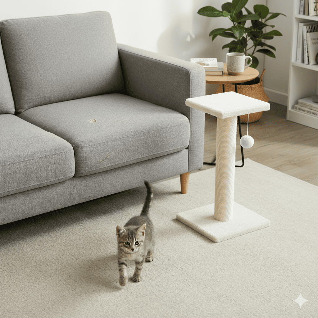 Top-down view of living room corner showing MECOOL scratching post placed directly beside sofa corner that normally gets scratched, with gray tabby cat walking toward the post