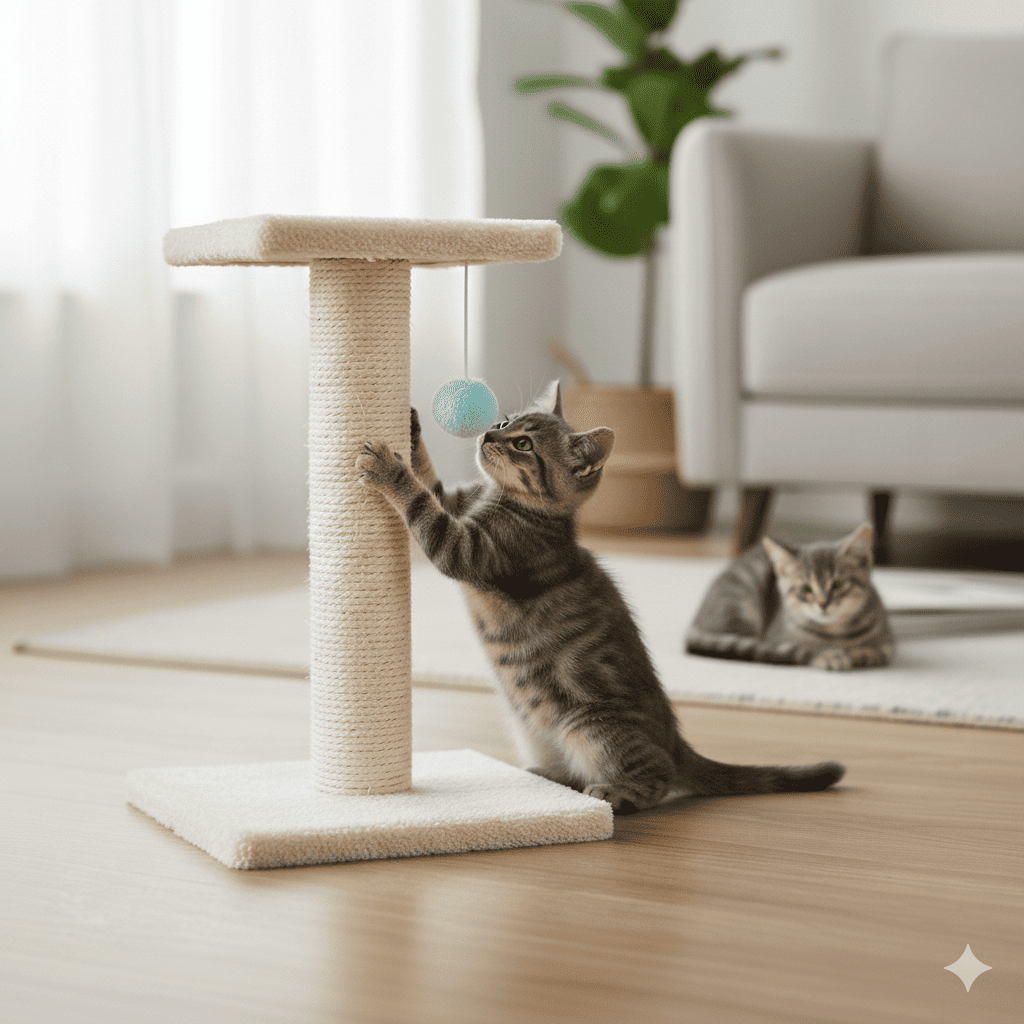 Intact fabric sofa in cozy living room with gray tabby cat using the MECOOL sisal scratching post happily, scratching and sitting near it with bright natural daylight