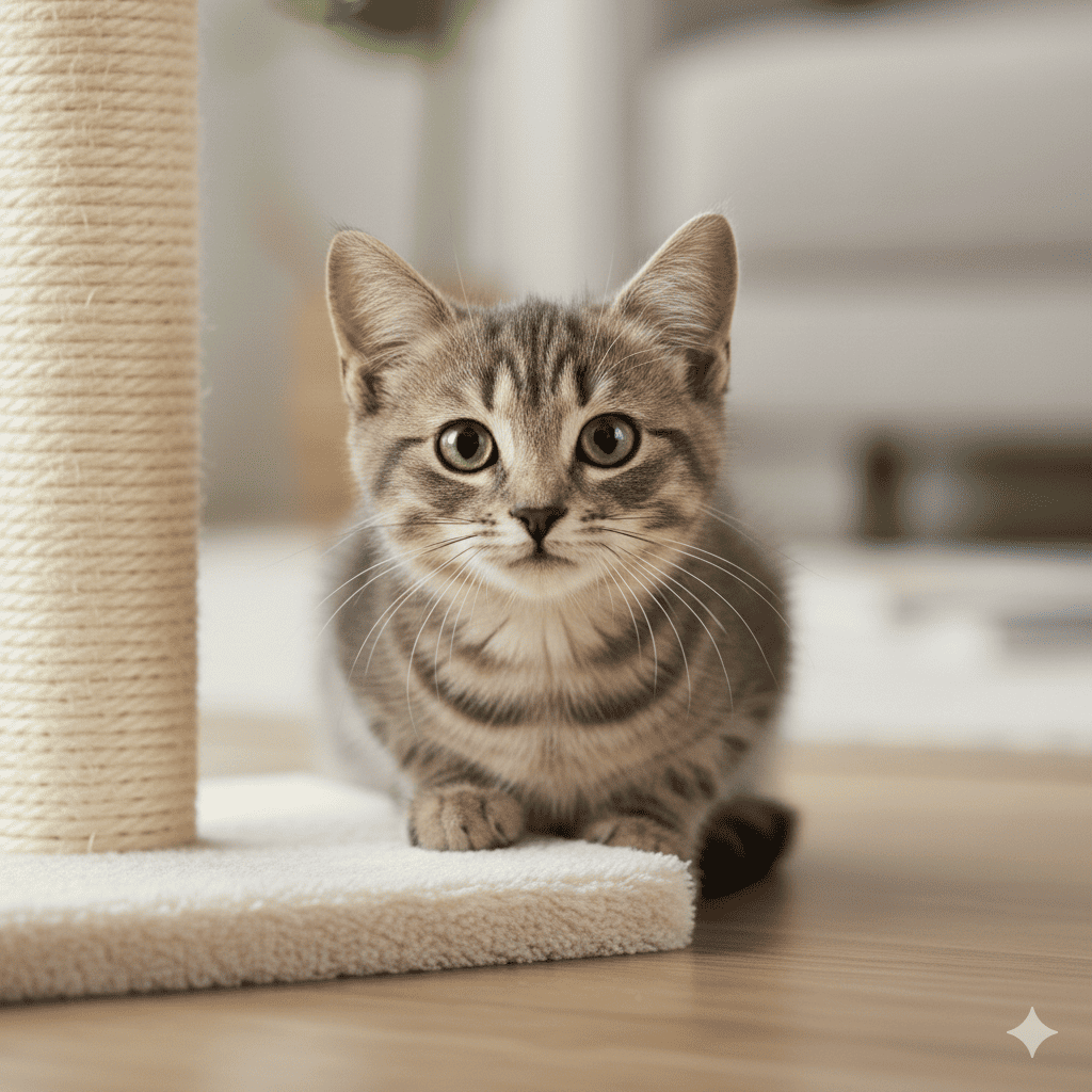 Close-up hero shot of gray tabby cat with green eyes sitting proudly beside MECOOL sisal scratching post with square base and hanging plush ball, soft rim lighting (Reference product image)