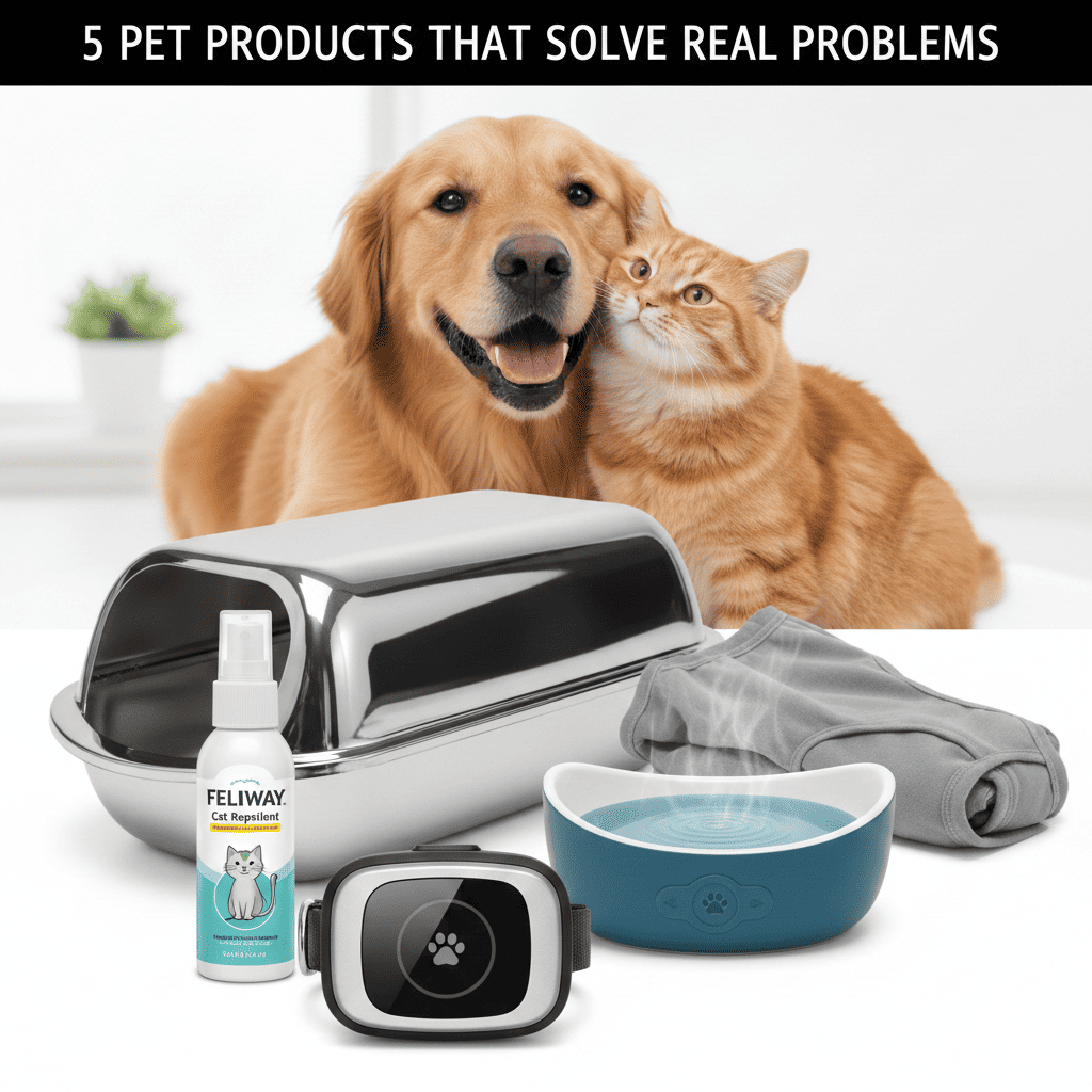 [REFERENCE IMAGE] Hero banner with five pet products: GPS collar, cat repellent spray, heated water bowl, litter box, recovery suit. Happy dog and cat in background with headline '5 Pet Products That Solve Real Problems'