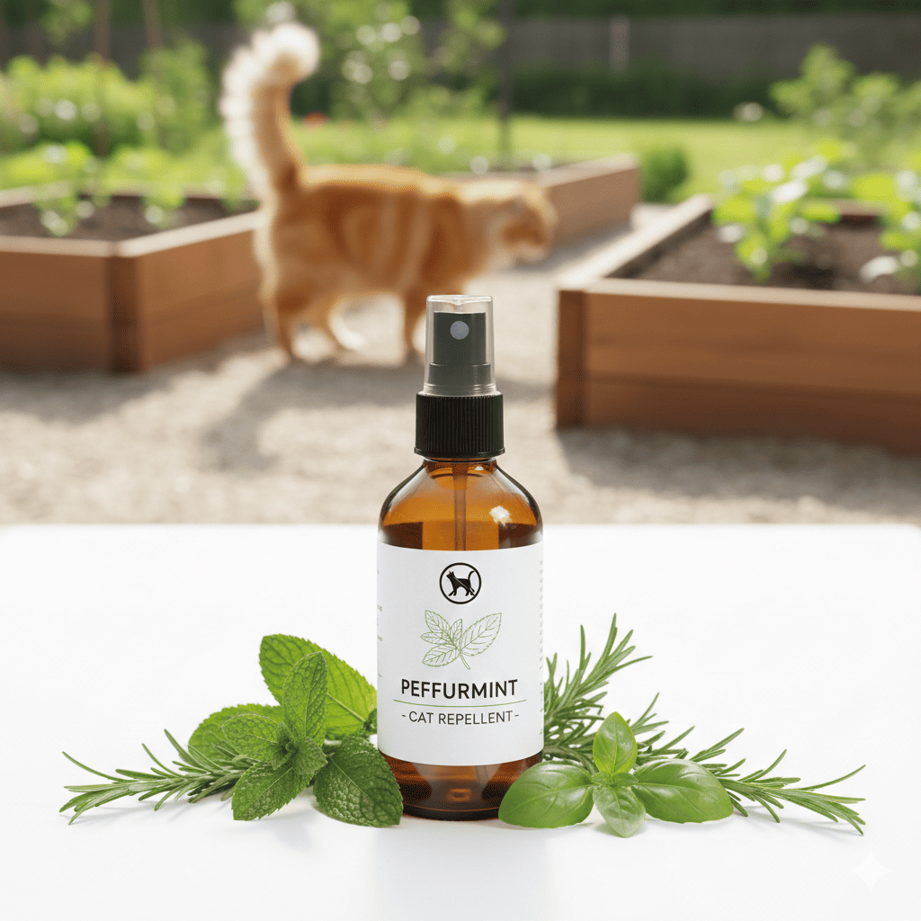 [REFERENCE IMAGE] Peppermint oil cat repellent spray bottle with amber glass and white label, garden raised beds in background, neighbor's cat walking away deterred, fresh peppermint leaves displayed, bright natural lighting