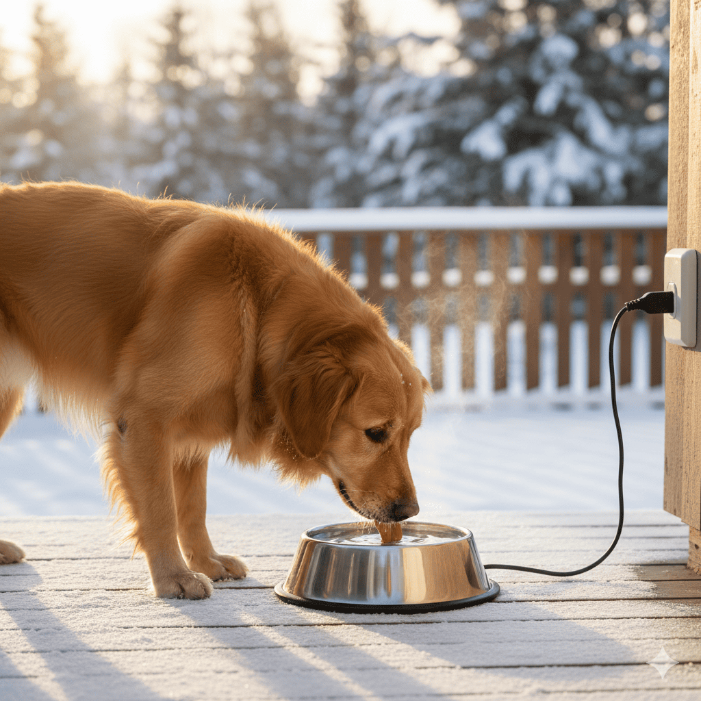[REFERENCE IMAGE] Stainless steel heated water bowl on snow-covered patio with unfrozen water and steam visible, happy Golden Retriever drinking from it, snow surrounding bowl, weatherproof cord visible, warm cozy lighting