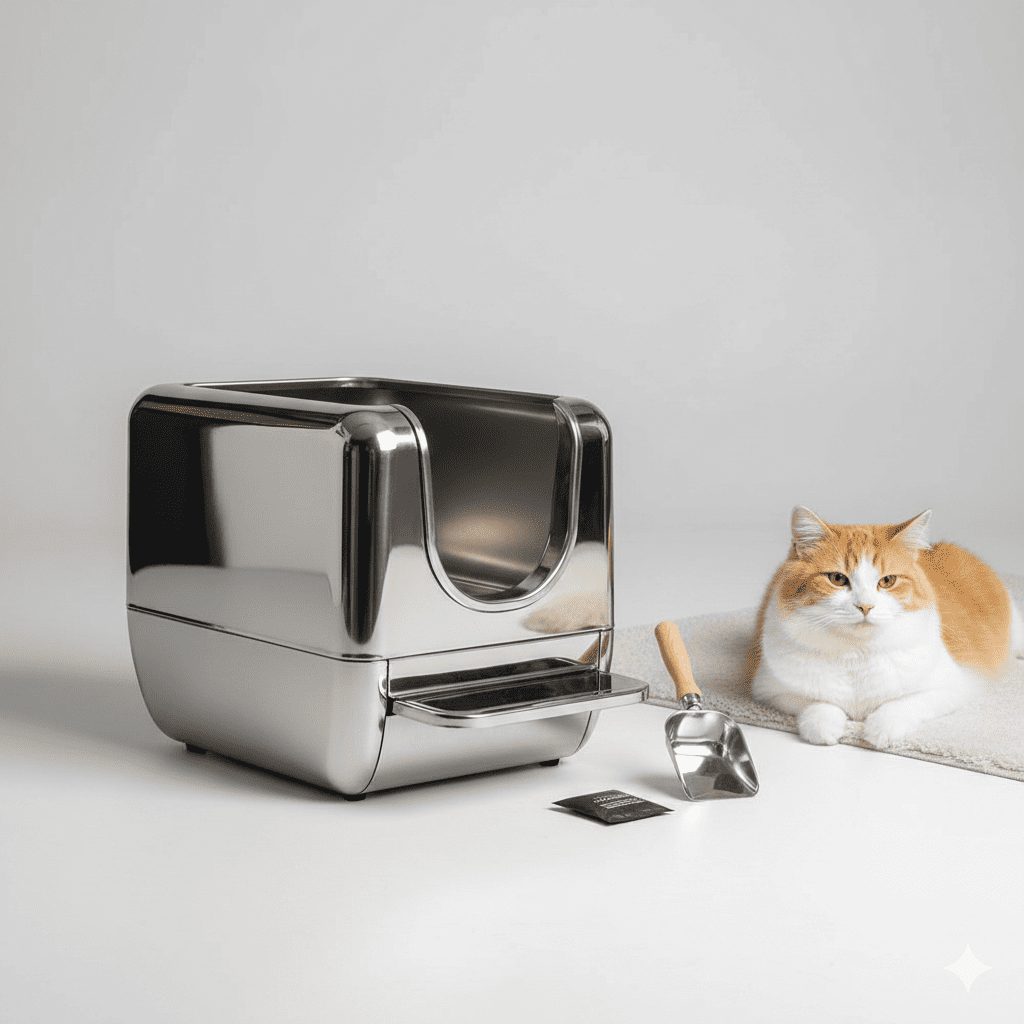 [REFERENCE IMAGE] Stainless steel litter box with elevated design at 3/4 angle, polished reflective steel surface, happy cat nearby, activated charcoal pack and metal scoop displayed beside it, clean neutral background