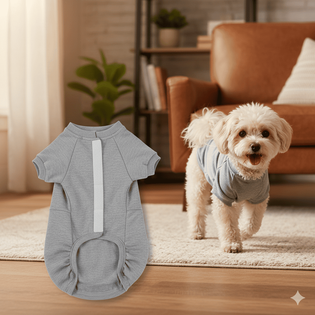 [REFERENCE IMAGE] Dog recovery suit in soft color displayed flat and on small happy dog, showing velcro closures and full body coverage, dog wearing suit looking comfortable and playful indoors, able to move freely without cone