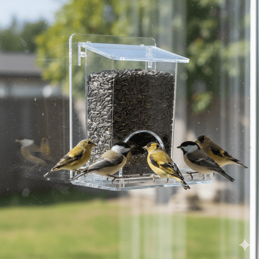 Nature's Hangout transparent acrylic window bird feeder mounted on glass with chickadees, finches, and nuthatches feeding on sunflower seeds in bright daylight
