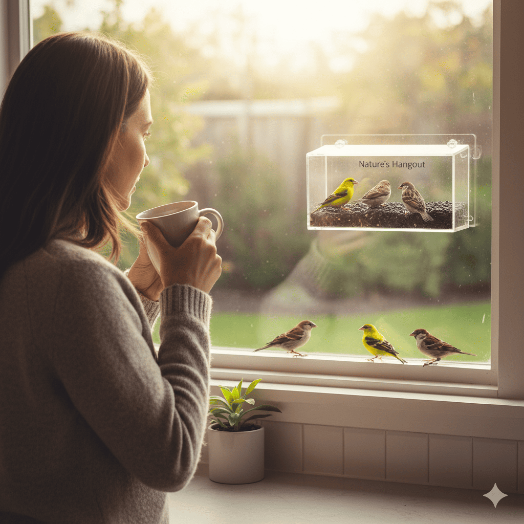 Birdwatcher enjoying coffee at kitchen window while observing multiple songbirds feeding at mounted clear acrylic window feeder in peaceful morning light