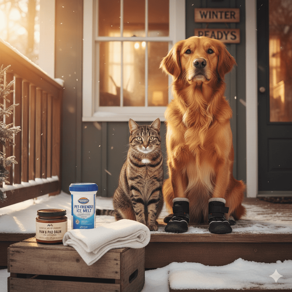 Golden retriever with winter booties and tabby cat on snowy porch with paw balm and pet-safe ice melt products