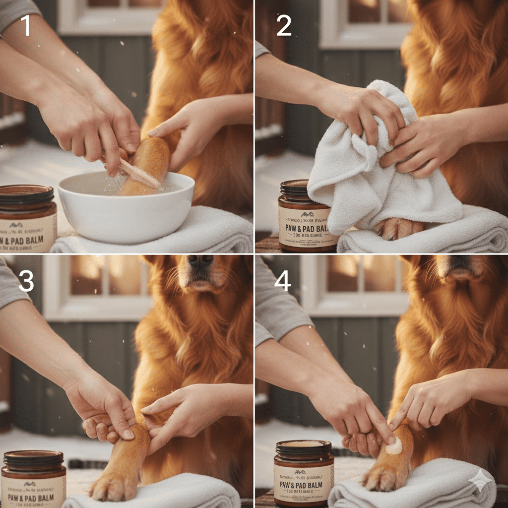 Step-by-step post-walk paw cleaning routine showing warm water rinsing, drying, inspection, and balm application
